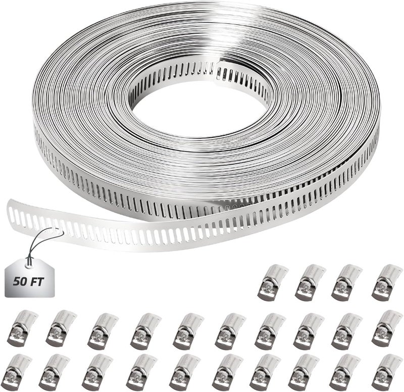 Riyhch Hose Clamp Assortment Kit, 304 Stainless Steel Large Band Hose Clamp Metal Strap + Stronger Fasteners, Adjustable Worm Gear Hose Clamps Screw Clamps (50 Feet Strap + 24 Fasteners) - Image 1